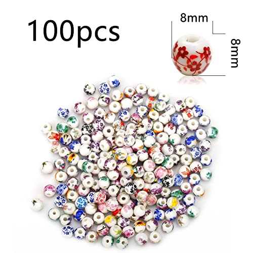 HERZWILD 100Pcs Flower Ceramic Craft Beads Threading Ball Bracelets Bead Colorful Beads Set Chinese Porcelain Bead for DIY Jewelry Arts Crafts Necklace Bangle (8mm) - Image 2