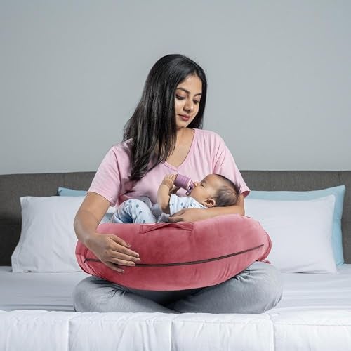 Wakefit Feeding Pillow for New Born Baby | 3 Months Warranty | 5 in 1 Nursing Pillow with Belt and Hoop for Breastfeeding with Velvet Removable Cover | Pink - Image 4