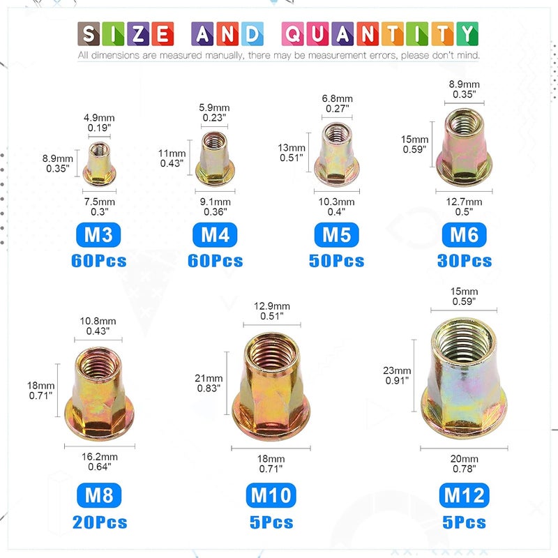 Glarks 230 قطعة مجموعة صواميل ريفيت نصف سداسية من M3 M4 M5 M6 M8 M10 M12، مصنوعة من الفولاذ الكربوني مع طلاء زنك، مجموعة صواميل ريفنت (مجموعة صواميل ريفيت)  - Image 2