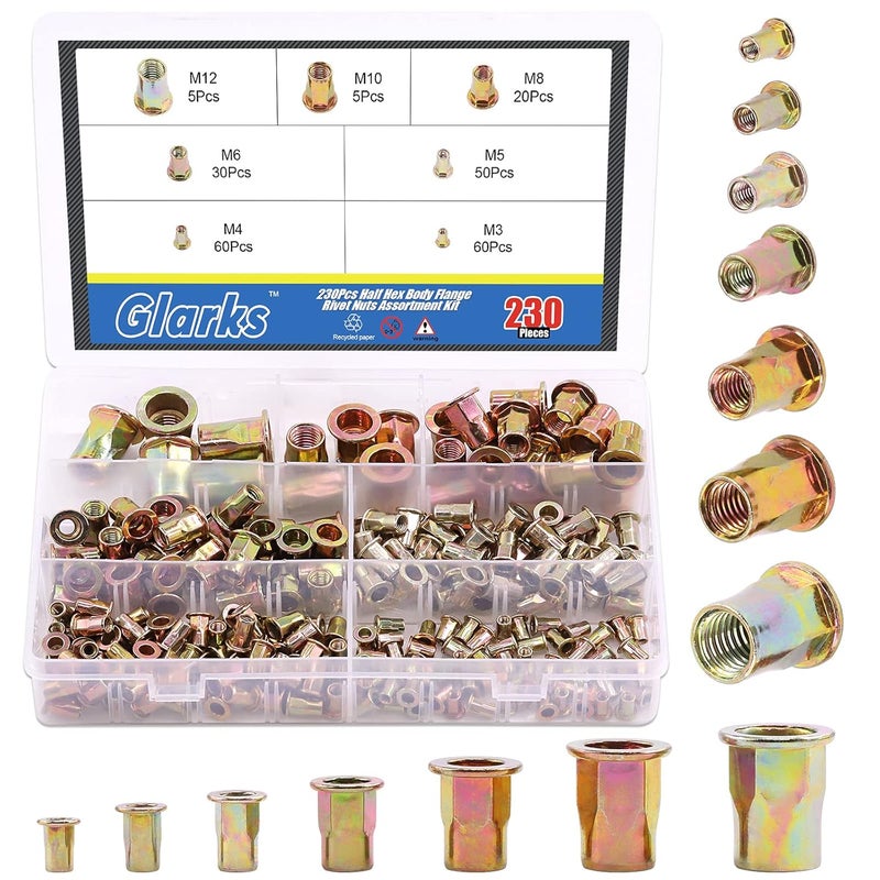Glarks 230 قطعة مجموعة صواميل ريفيت نصف سداسية من M3 M4 M5 M6 M8 M10 M12، مصنوعة من الفولاذ الكربوني مع طلاء زنك، مجموعة صواميل ريفنت (مجموعة صواميل ريفيت)  - Image 1