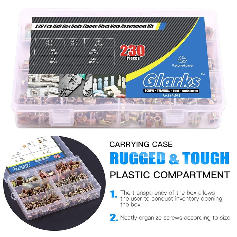 Glarks 230 قطعة مجموعة صواميل ريفيت نصف سداسية من M3 M4 M5 M6 M8 M10 M12، مصنوعة من الفولاذ الكربوني مع طلاء زنك، مجموعة صواميل ريفنت (مجموعة صواميل ريفيت)  - Image 5