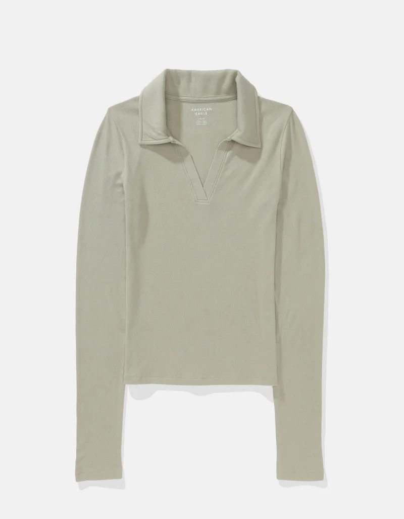 American Eagle AE Long-Sleeve Plush Polo T-Shirt