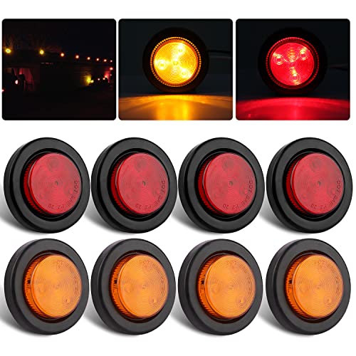 Partswcgg 8Pcs 2 Inch Round Led Trailer Marker Lights, 4 Amber + 4 Red 2 Inch Round LED Side Marker and Clearance Marker Lights 4 LED Sealed Flush Mount w/Grommets and 2 Prong Trailer Wire Pigtails Waterproof - Image 1
