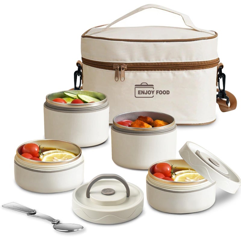 TDOO Microwavable Thermal Lunch Box, Portable Insulated Lunch Containers With Bag, Leakproof Stackable Stainless Steel Food Container For Adults, Kids, Set of 3 Tier Insulated Bento Boxes (beige-c-ae) - Image 2