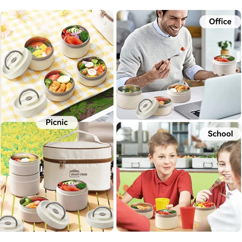 TDOO Microwavable Thermal Lunch Box, Portable Insulated Lunch Containers With Bag, Leakproof Stackable Stainless Steel Food Container For Adults, Kids, Set of 3 Tier Insulated Bento Boxes (beige-c-ae) - Image 4