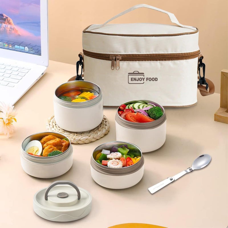 TDOO Microwavable Thermal Lunch Box, Portable Insulated Lunch Containers With Bag, Leakproof Stackable Stainless Steel Food Container For Adults, Kids, Set of 3 Tier Insulated Bento Boxes (beige-c-ae) - Image 5