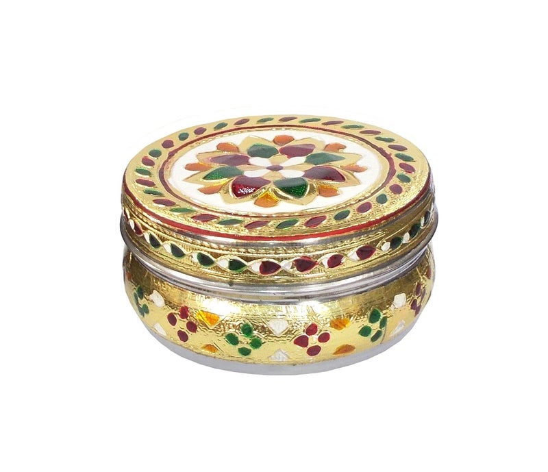 Kotak Sales Kotak Sales Handicraft Stainless Steel 350ML Dabba Container Meenakari Rajwadi Decorative Oxidized Metal Cover for Serving Dryfruit Chocolate Mukwas Festival Marriage Baby Shower Return Gift - Image 1