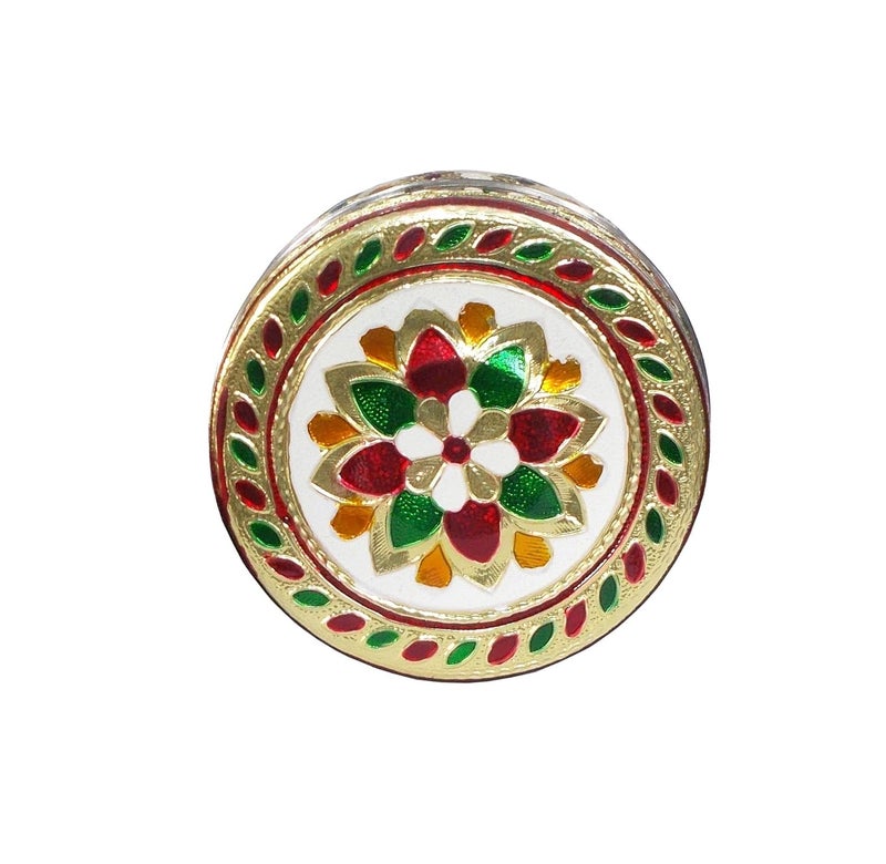 Kotak Sales Kotak Sales Handicraft Stainless Steel 350ML Dabba Container Meenakari Rajwadi Decorative Oxidized Metal Cover for Serving Dryfruit Chocolate Mukwas Festival Marriage Baby Shower Return Gift - Image 2