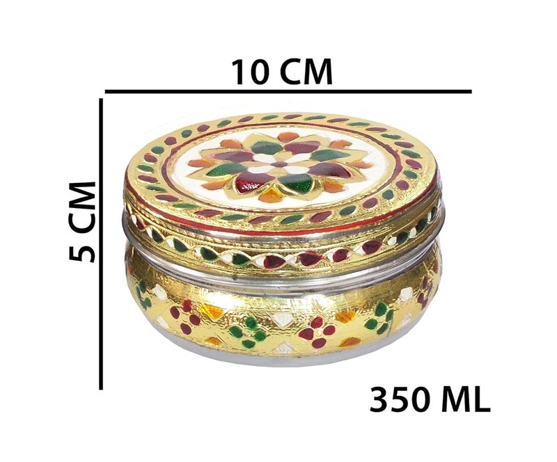 Kotak Sales Kotak Sales Handicraft Stainless Steel 350ML Dabba Container Meenakari Rajwadi Decorative Oxidized Metal Cover for Serving Dryfruit Chocolate Mukwas Festival Marriage Baby Shower Return Gift - Image 5