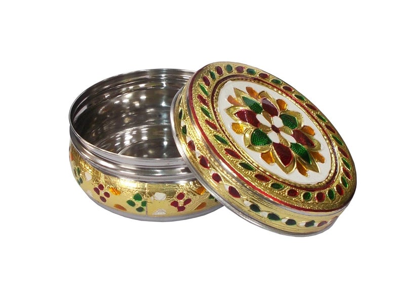 Kotak Sales Kotak Sales Handicraft Stainless Steel 350ML Dabba Container Meenakari Rajwadi Decorative Oxidized Metal Cover for Serving Dryfruit Chocolate Mukwas Festival Marriage Baby Shower Return Gift - Image 3