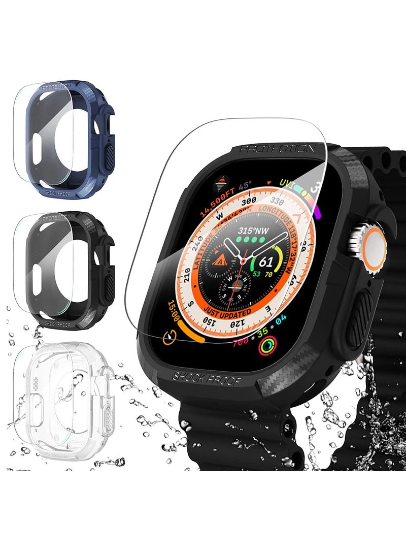 3-in-1 Pack for Apple Watch Ultra 49mm Case, Rugged Bumper with Tempered Glass Screen Protector, Waterproof Shockproof Soft Armor Guard for iWatch Ultra Men. - Image 1