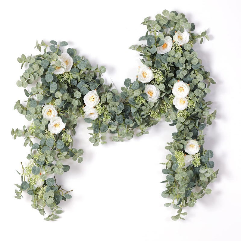 Partyjoy PARTY JOY 2pcs 6.56ft Eucalyptus Garland with Flowers-8 White Roses, Artificial Fake Flowers Greenery Garland Floral Vines for Decoration Party Wedding Table Indoor Outdoor Backdrop Wall Decor(White) - Image 1
