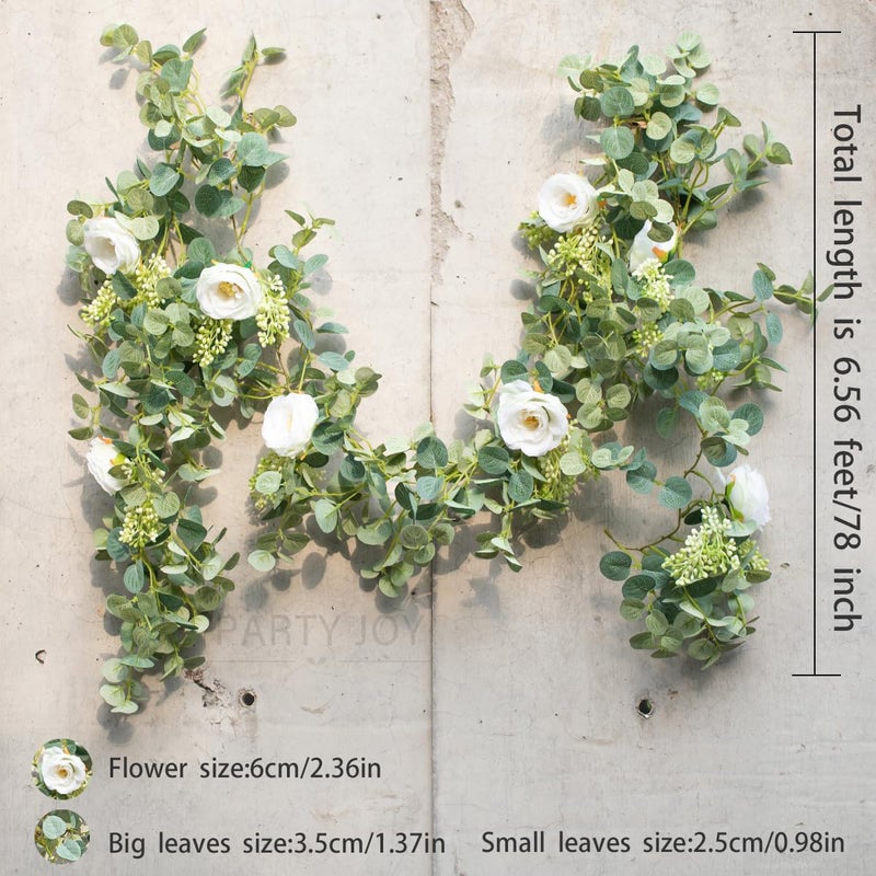 Partyjoy PARTY JOY 2pcs 6.56ft Eucalyptus Garland with Flowers-8 White Roses, Artificial Fake Flowers Greenery Garland Floral Vines for Decoration Party Wedding Table Indoor Outdoor Backdrop Wall Decor(White) - Image 2