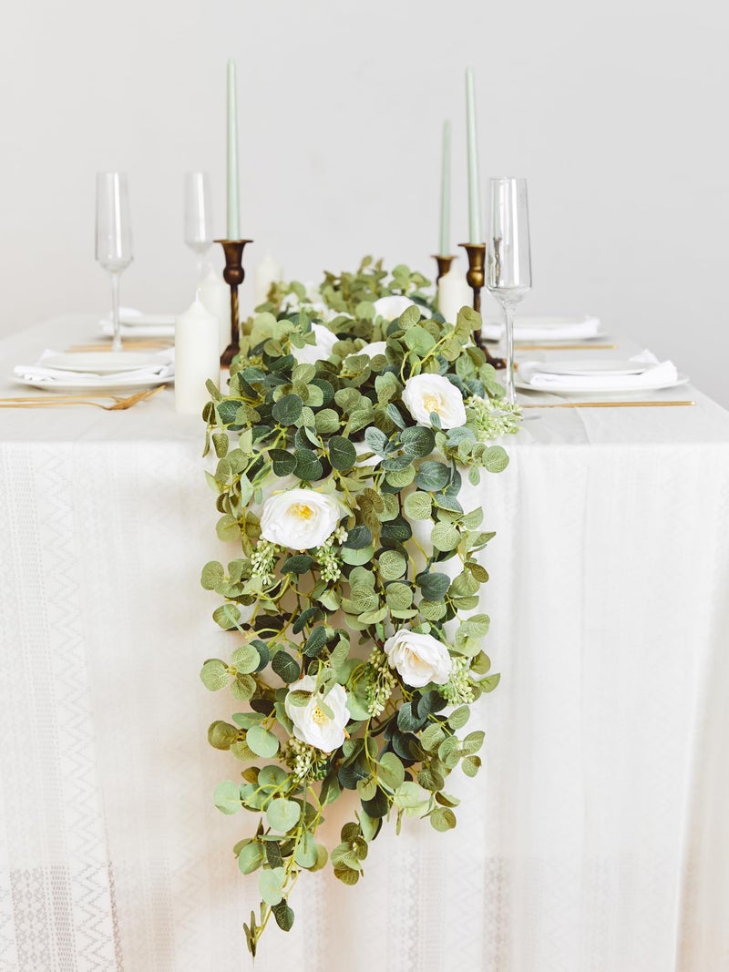 Partyjoy PARTY JOY 2pcs 6.56ft Eucalyptus Garland with Flowers-8 White Roses, Artificial Fake Flowers Greenery Garland Floral Vines for Decoration Party Wedding Table Indoor Outdoor Backdrop Wall Decor(White) - Image 5