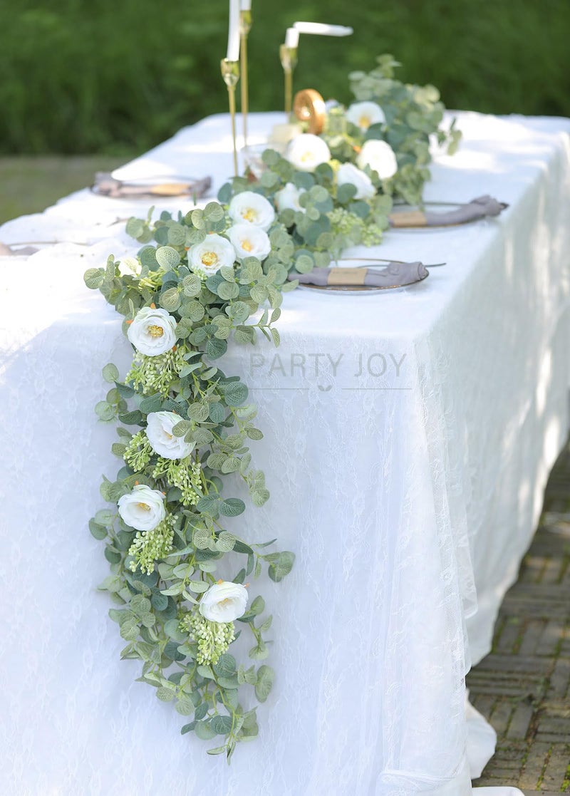 Partyjoy PARTY JOY 2pcs 6.56ft Eucalyptus Garland with Flowers-8 White Roses, Artificial Fake Flowers Greenery Garland Floral Vines for Decoration Party Wedding Table Indoor Outdoor Backdrop Wall Decor(White) - Image 4