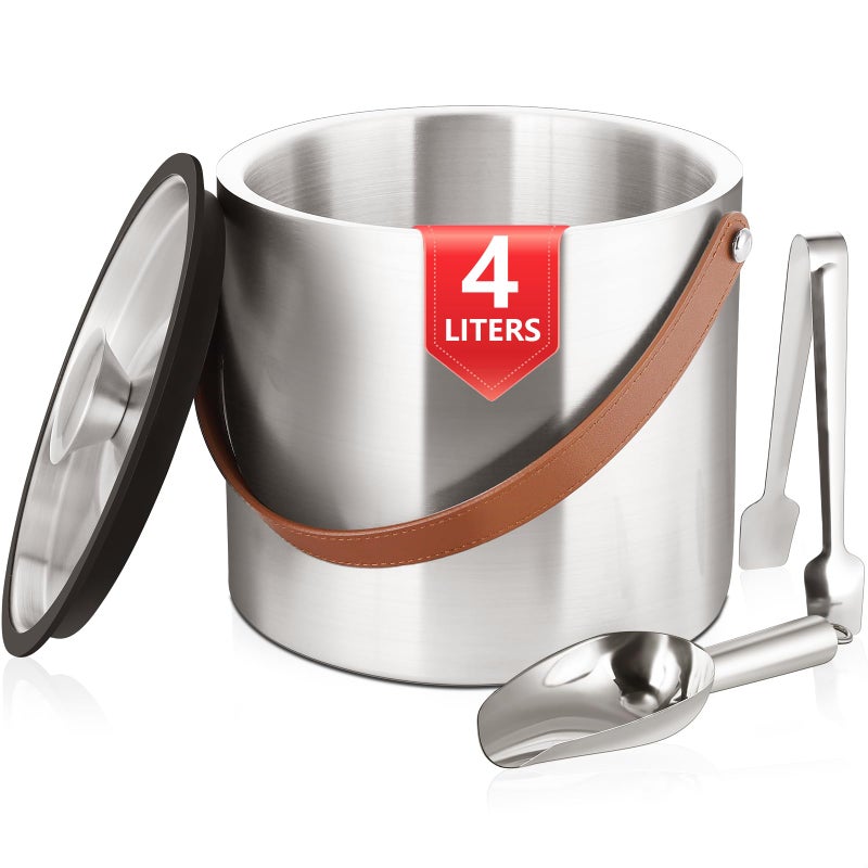 Bakpoco 4L Ice Bucket with Lid, Scoop,Tongs & Strainer, Stainless Steel Double Wall Insulated Ice Buckets for Parties & Cocktail Bar, Large Outdoor Champagne Ice Container, Light Brown Handle - Image 1