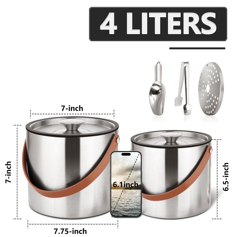 Bakpoco 4L Ice Bucket with Lid, Scoop,Tongs & Strainer, Stainless Steel Double Wall Insulated Ice Buckets for Parties & Cocktail Bar, Large Outdoor Champagne Ice Container, Light Brown Handle - Image 2