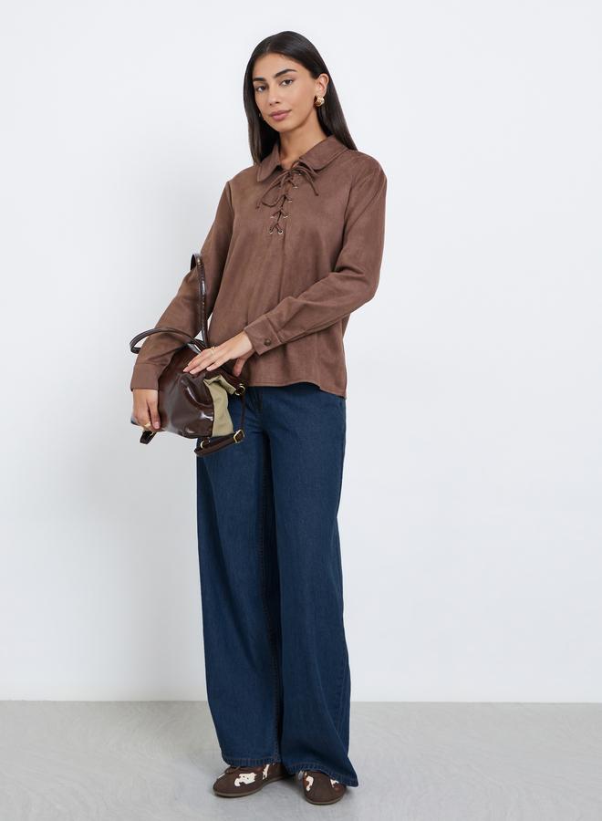 ستايلي قميص بني بتصميم شامواه ورباط أمامي - Image 3