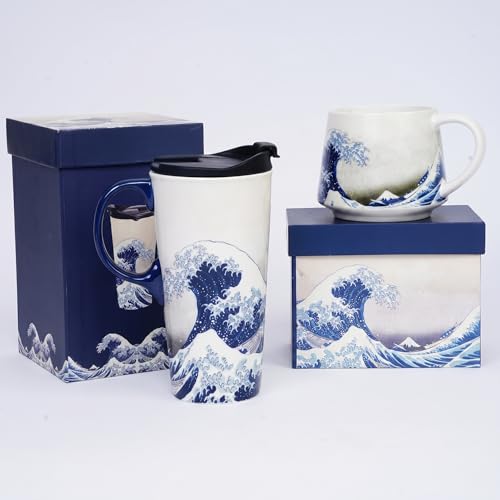 DUSVALLY Ceramic Mug Large Coffee Cup Travel Coffee Mugs Latte Tea Cup with Lid and Handle 12oz and 17oz,2 Pack,Sea Wave - Image 1