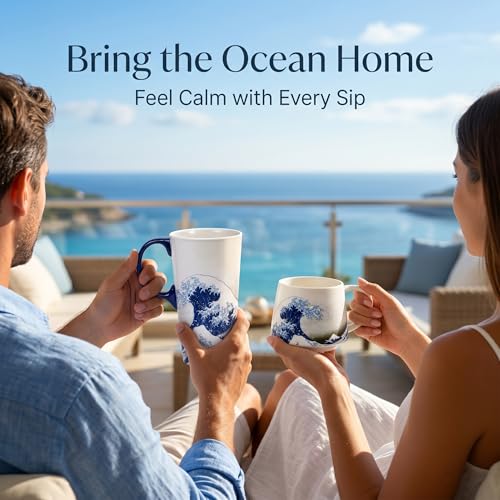 DUSVALLY Ceramic Mug Large Coffee Cup Travel Coffee Mugs Latte Tea Cup with Lid and Handle 12oz and 17oz,2 Pack,Sea Wave - Image 2