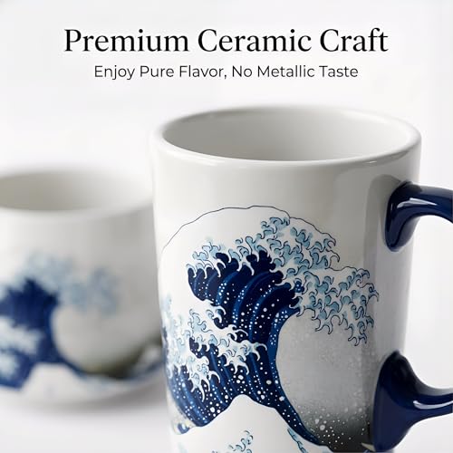 DUSVALLY Ceramic Mug Large Coffee Cup Travel Coffee Mugs Latte Tea Cup with Lid and Handle 12oz and 17oz,2 Pack,Sea Wave - Image 3