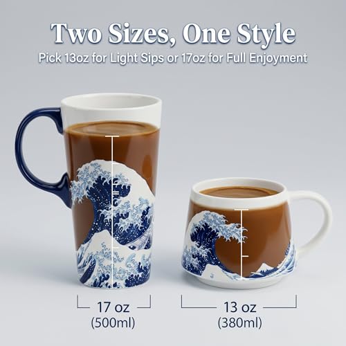 DUSVALLY Ceramic Mug Large Coffee Cup Travel Coffee Mugs Latte Tea Cup with Lid and Handle 12oz and 17oz,2 Pack,Sea Wave - Image 4