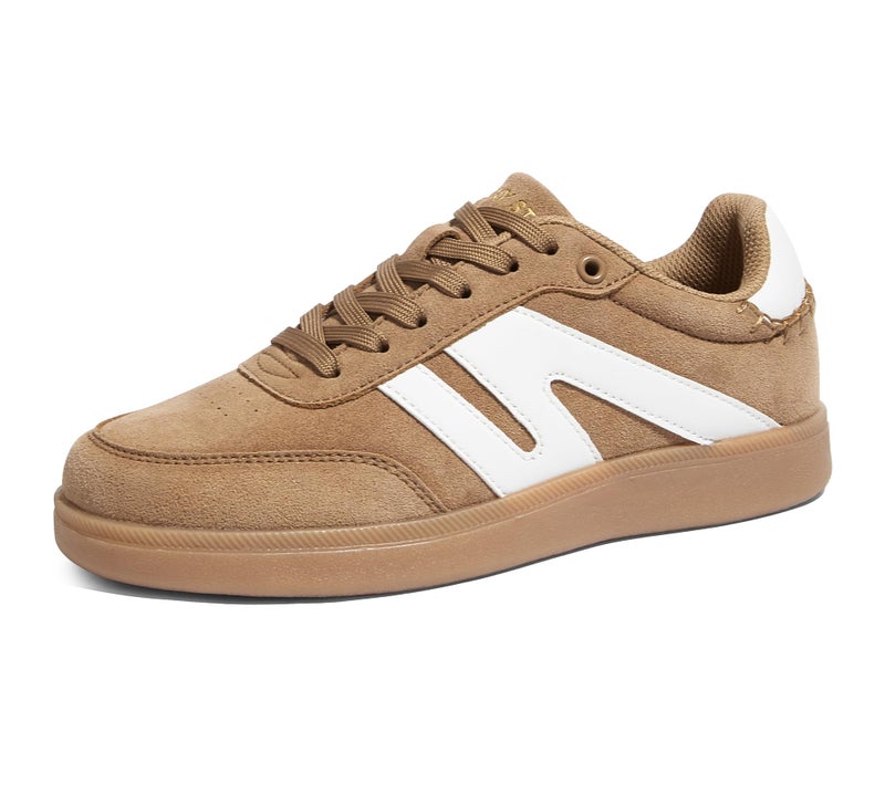 LUCKY STEP Women Classic Retro Gum Sole Fashion Sneakers Casual Tennis Skate Shoe Genuine Leather Walking Footwear Anti Slip Trainers(Light Brown/White,8.5) - Image 3