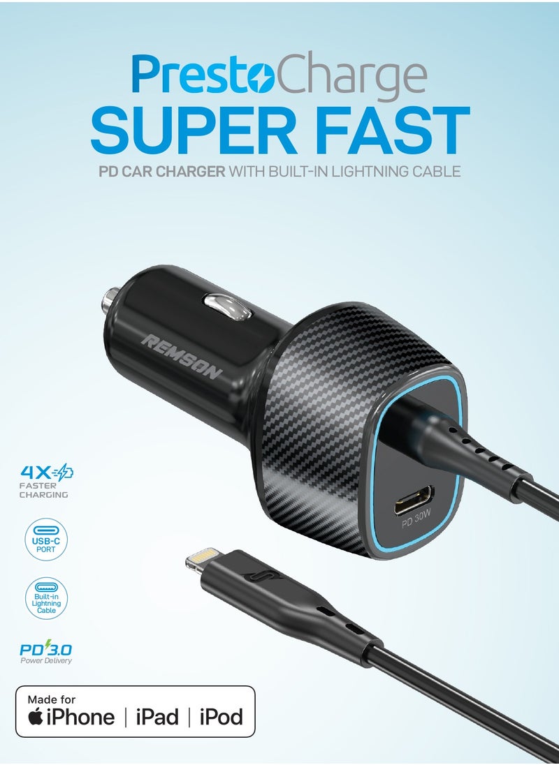 Remson - Remson Presto Charge 57W Super-Fast Power Delivery 3.0 Car Charger USB-C Port with Built-In Lightning Cable Compatible with iPhone 14 Pro Max/14 Plus/13 Pro Max/12 - Image 1