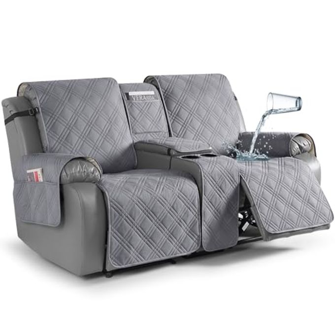 TAOCOCO Loveseat Recliner Cover with Center Console, 100% Waterproof Pet Covers for Dual Recliner with Straps Design, Split Reclining Loveseat Cover Furniture Pet&Kids Protector (2 Seater, Gray) - Image 1