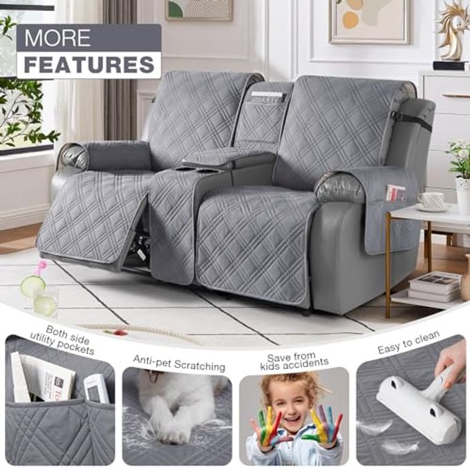 TAOCOCO Loveseat Recliner Cover with Center Console, 100% Waterproof Pet Covers for Dual Recliner with Straps Design, Split Reclining Loveseat Cover Furniture Pet&Kids Protector (2 Seater, Gray) - Image 3