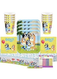 Bluey Party Supplies Pack Serves 16: Bluey Birthday Party Supplies Bluey Plates Napkins Cups And Table Cover With Birthday Candles (Bundle For 16)