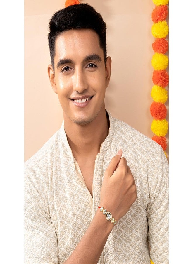 Peora Rakhshabandhan Thread Rakhi for Brother Bhaiya | Crystal & CZ Studded | Set of 2 | Rakhi Hamper Roli Chawal & Greeting Card - Image 5