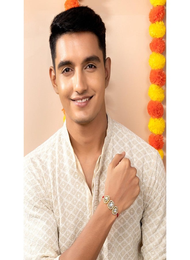 Peora Rakhshabandhan Thread Rakhi for Brother Bhaiya | Crystal & CZ Studded | Set of 2 | Rakhi Hamper Roli Chawal & Greeting Card - Image 3