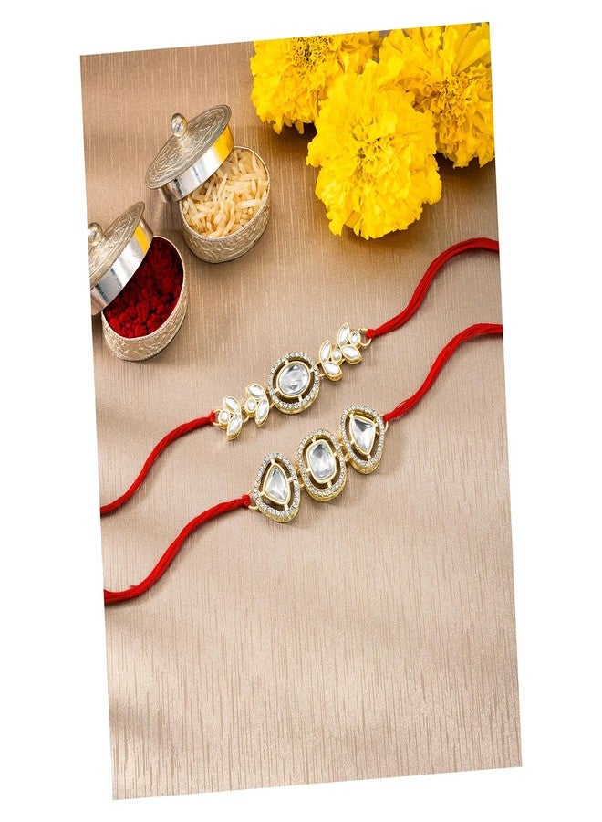 Peora Rakhshabandhan Thread Rakhi for Brother Bhaiya | Crystal & CZ Studded | Set of 2 | Rakhi Hamper Roli Chawal & Greeting Card - Image 2