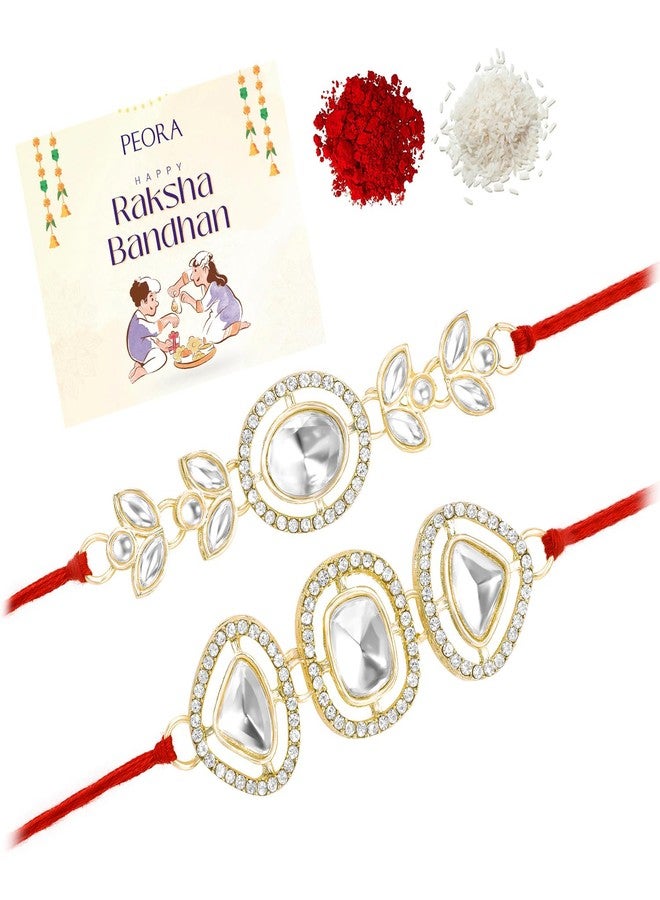 Peora Rakhshabandhan Thread Rakhi for Brother Bhaiya | Crystal & CZ Studded | Set of 2 | Rakhi Hamper Roli Chawal & Greeting Card - Image 1