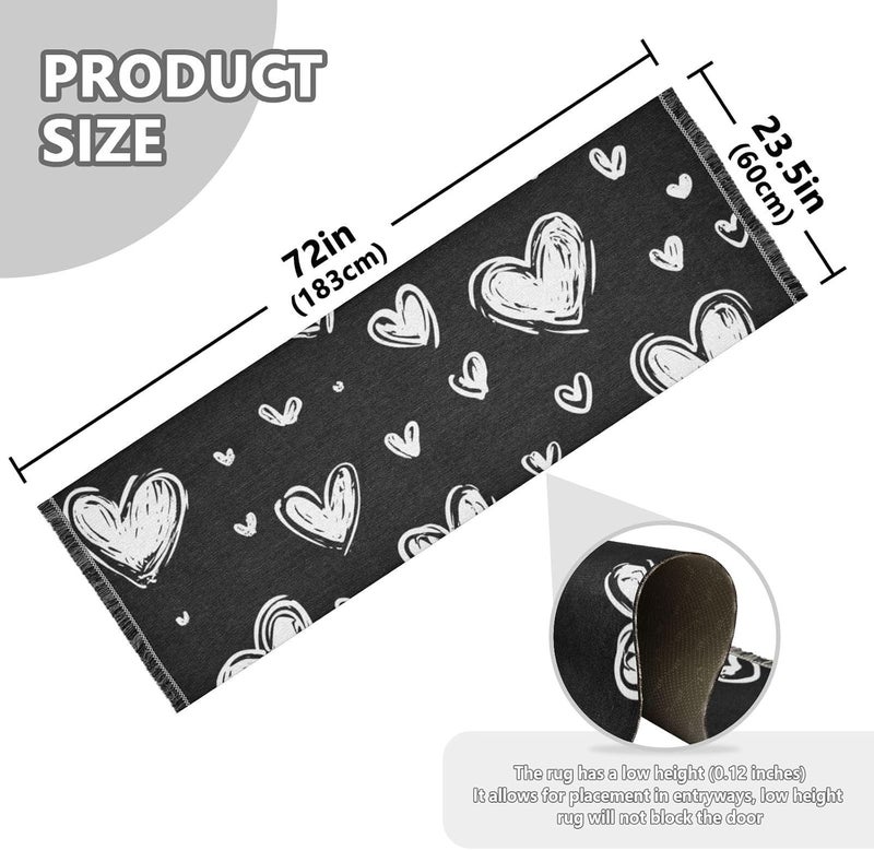 Bedroom Runner Rug Washable Non Skid Farmhouse Area Carpet Tassel Floor Rug for Laundry Room Kitchen Bathroom Home Decor Black and White Valentine's Day Romantic Love - Image 3