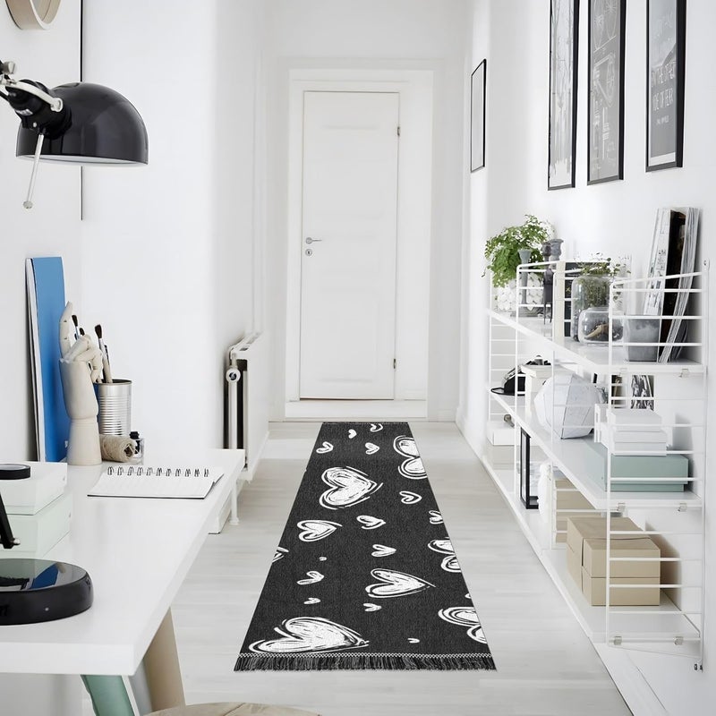 Bedroom Runner Rug Washable Non Skid Farmhouse Area Carpet Tassel Floor Rug for Laundry Room Kitchen Bathroom Home Decor Black and White Valentine's Day Romantic Love - Image 2