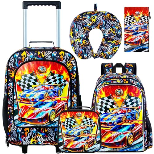 HPJGD 5PCS Boys Suitcase Set, Kids Water-Resistant Rolling Luggage, Cool Car Racing Travel Carry-On for Elementary/Preschool Toddler - Image 1
