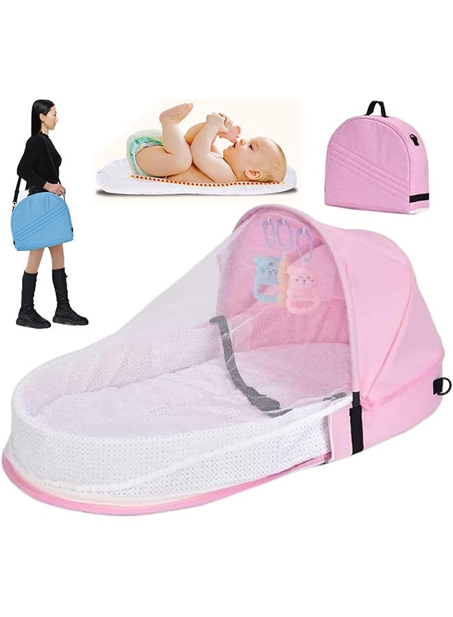 Beauenty Baby Travel Cot with Mosquito Net and Awning, Foldable Baby Tent, Washable Crib Bionic Travel Bed Breathable Cradle Cot, Portable Baby Cots, Foldable Baby Cots with Mosquito Net (pink) - Image 1