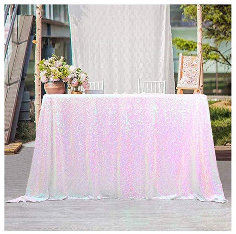 Fanqisi 50x102 Inches Sequin Tablecloth Sparkle Iridescent Rectangle Table Cloth for Wedding Birthday Party Sequin Overlay Table Decoration White - Image 1