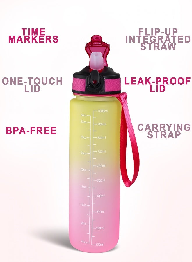 توشيونيكس زجاجة مياه تحفيزية سعة 1000 مل مع علامات زمنية، وغطاء يعمل بلمسة واحدة، وشفاطة مدمجة قابلة للطي، ومقبض حمل مزدوج وغطاء غير قابل للانزلاق - خالية من مادة BPA، وغطاء مانع للتسرب، وصديقة للبيئة، مصنوعة من البلاستيك، وقابلة لإعادة الاستخدام، وزجاجة مياه تذكيرية للشرب للبالغين والأطفال في المدرسة والمكتب والترطيب اليومي وصالة الألعاب الرياضية واللياقة البدنية واليوغا وركوب الدراجات والمشي لمسافات طويلة والتخييم في الهواء الطلق والمشي لمسافات طويلة والرياضة والسفر، زجاجة سعة 32 أونصة - Image 3