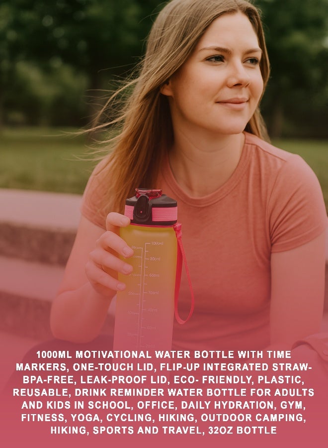 توشيونيكس زجاجة مياه تحفيزية سعة 1000 مل مع علامات زمنية، وغطاء يعمل بلمسة واحدة، وشفاطة مدمجة قابلة للطي، ومقبض حمل مزدوج وغطاء غير قابل للانزلاق - خالية من مادة BPA، وغطاء مانع للتسرب، وصديقة للبيئة، مصنوعة من البلاستيك، وقابلة لإعادة الاستخدام، وزجاجة مياه تذكيرية للشرب للبالغين والأطفال في المدرسة والمكتب والترطيب اليومي وصالة الألعاب الرياضية واللياقة البدنية واليوغا وركوب الدراجات والمشي لمسافات طويلة والتخييم في الهواء الطلق والمشي لمسافات طويلة والرياضة والسفر، زجاجة سعة 32 أونصة - Image 2