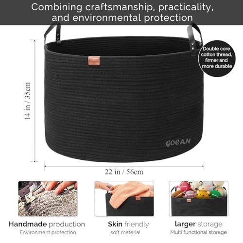 GOCAN Extra Large Storage Laundry Basket 22" X 22"X 14" Cotton Rope Woven for Blanket Basket with Handles for Living Room Toys Storage XXXL (Pure Blk) - Image 3