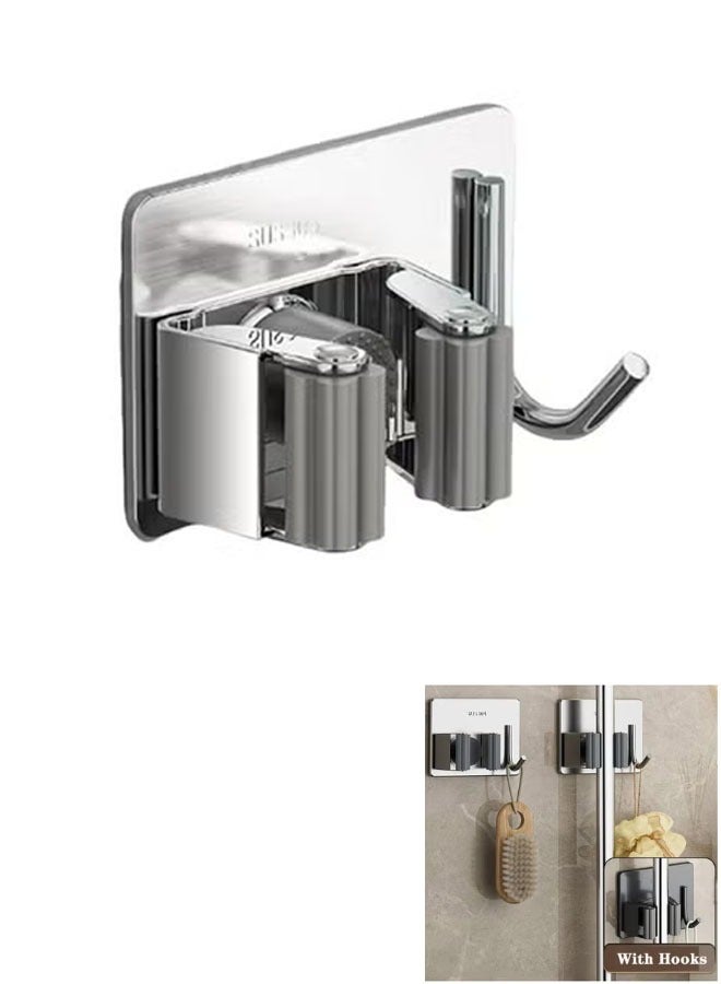 Bukela Self-Adhesive Mop Holder Clips Hook 304 Stainless Steel Kitchen Bathroom Waterproof Brush Broom Mop Organizer Shelf Accessories,Sliver - Image 1