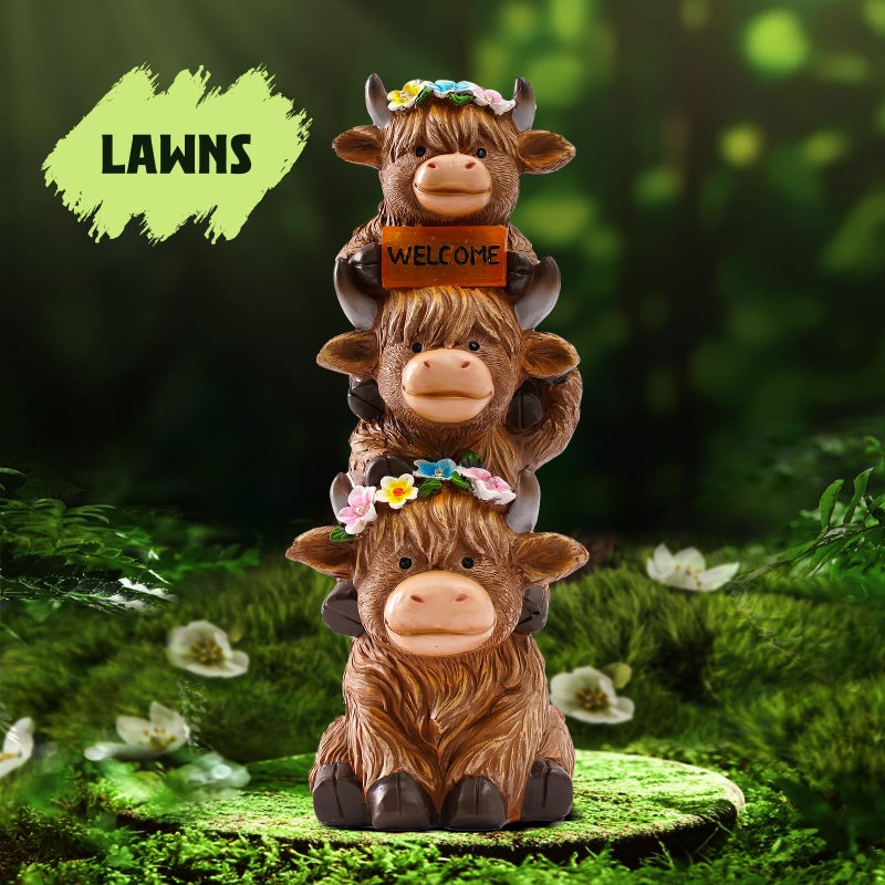 twinbling Garden Highland Cow Statue Solar Outdoor Decor with Flower Decoration Funny Triple Highland Cow Decor Birthday Gifts for Women Mom Highland Cows Figurine for Yard Garden Patio Lawn Ornaments - Image 4