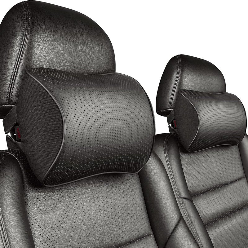Aukee Car Headrest Pillow with Genuine Leather Cover Memory Foam Neck Cushion for Driving Home Office Black (Pack of 2) - Image 1