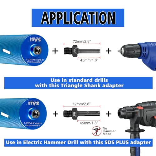 SALI Diamond Core Drill Bits 2" Diameter 10"/254mm Drilling Depth 5/8-11" Thread Core Bit Turbo Laser-Welded Segments for Cured Concrete with, Brick, Block, Masonry, with Two Adapters - Image 4