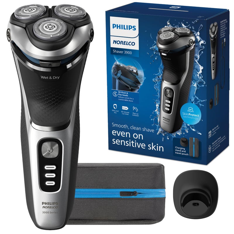 Norelco Philips Norelco Shaver 3900 Series, Wet and Dry Electric Shaver, P-Cap, Travel Pouch, Charging Stand, Storm Blue, Model S3341/92 - Image 1