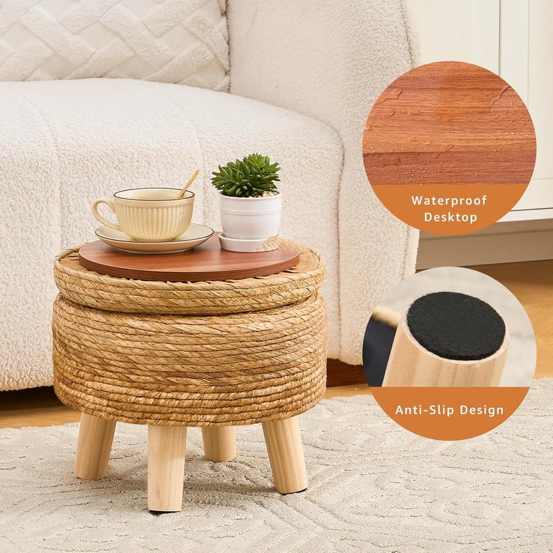 Cpintltr Storage Ottoman Poufs Handwoven Footstool Natural Seagrass Round Footrest Stool with 4 Wood Legs Soft Padded Outdoor Seat for Hallway Lounge Bedroom Garden - Image 5