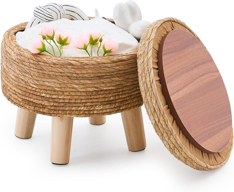 Cpintltr Storage Ottoman Poufs Handwoven Footstool Natural Seagrass Round Footrest Stool with 4 Wood Legs Soft Padded Outdoor Seat for Hallway Lounge Bedroom Garden - Image 1